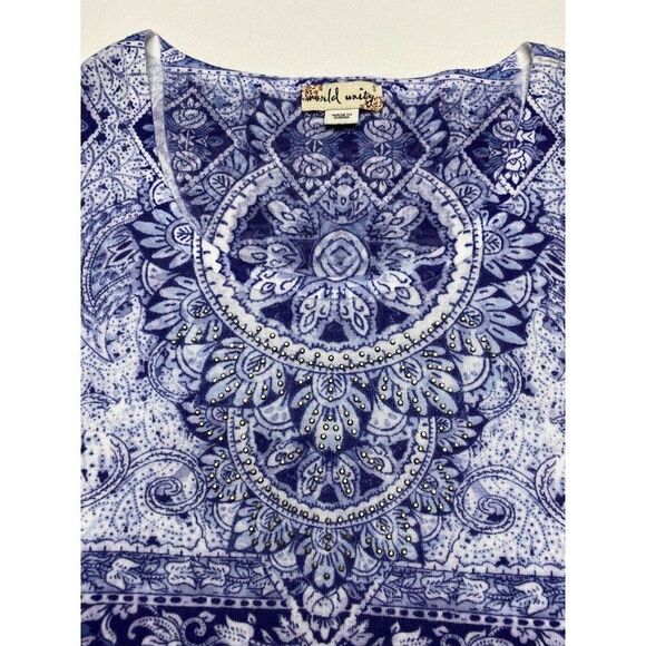 World Unity Blue White Studded Top‎ Floral Paisley Small NEW - Picture 4 of 6